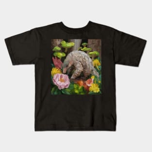 watercolor flowers surrounding a wild pangolin Kids T-Shirt